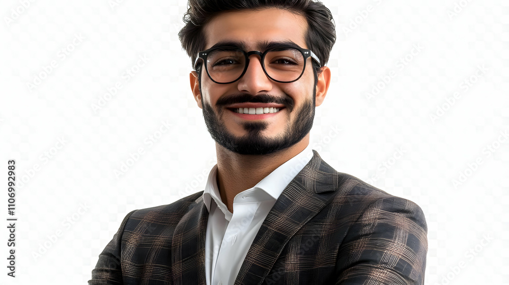Smiling Man in Suit, Confident Professional Portrait, Business Attire, Stylish Glasses, Happy Expression Smiling Man in Suit, Confident Professional Portrait, Business Attire, Stylish Glasses, Happy Expression