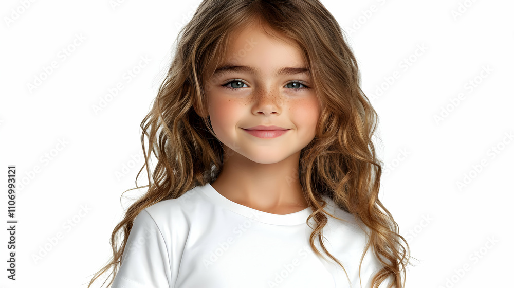 Girl's Portrait: Joyful Smile, Freckles, Wavy Hair, White Shirt, Childhood Innocence Girl's Portrait: Joyful Smile, Freckles, Wavy Hair, White Shirt, Childhood Innocence