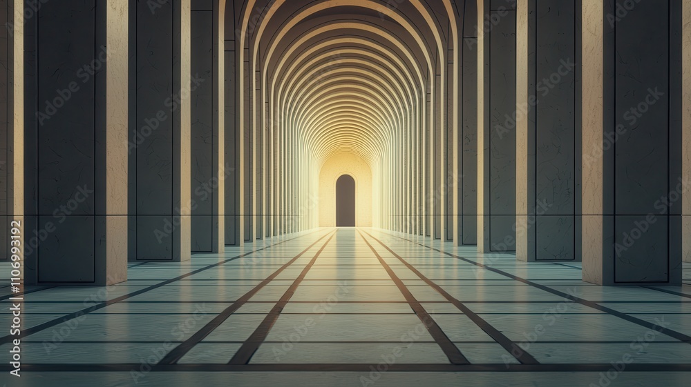 Stereoscopic Depth Illusion Concept. Serene hallway leading to a bright, open doorway.