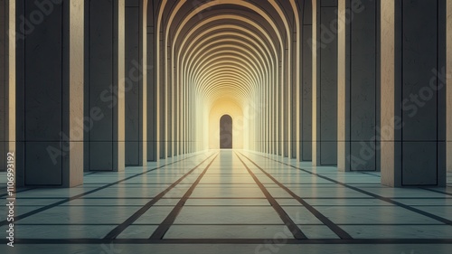 Stereoscopic Depth Illusion Concept. Serene hallway leading to a bright, open doorway.