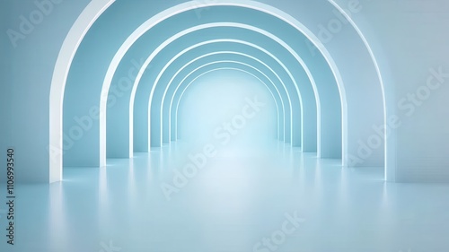 Stereoscopic Depth Illusion Concept. Spacious, serene blue corridor with arched ceilings.