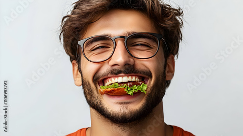 Man Joyfully Eats Burger, D...