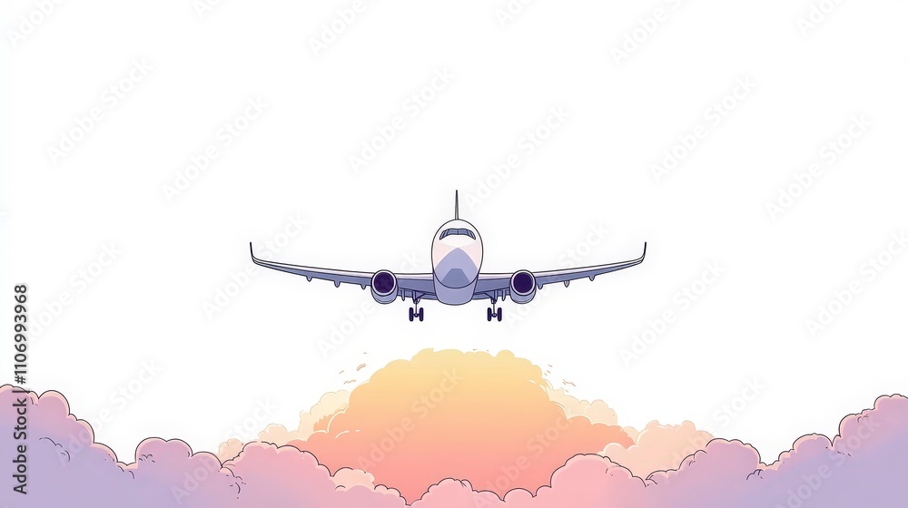 Cartoon Airplane Flying Above Colorful Clouds During Sunset