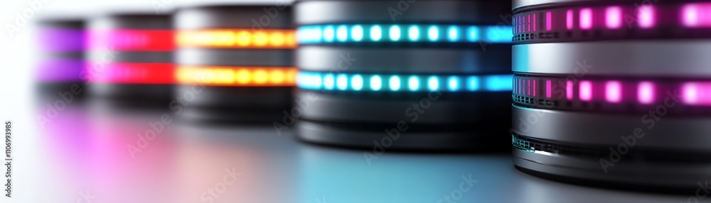 Colorful illuminated speakers lined up on a smooth surface. Colorful illuminated speakers lined up on a smooth surface.