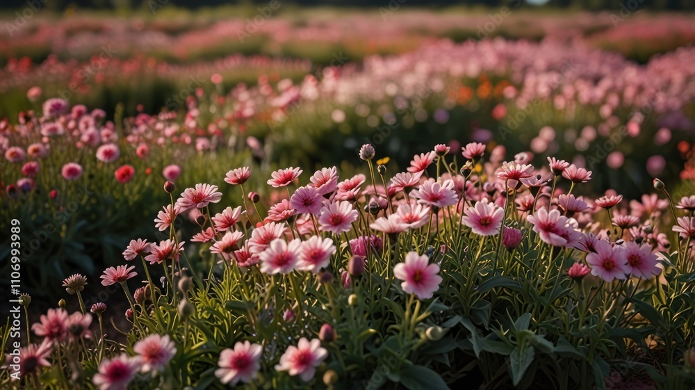 Vibrant pink flowers blooming in a vast field at sunset. Vibrant pink flowers blooming in a vast field at sunset.