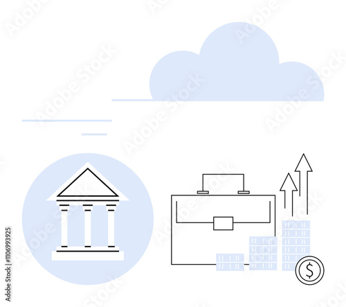 Bank building, briefcase, stacked coins, upward arrows, and dollar sign in a minimalist style. Ideal for finance, business growth, investment economics banking corporate strategy. Line metaphor