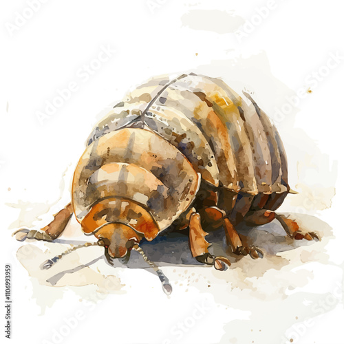 A watercolor drawing of a Pill Bug, isolated on a white background. Pill Bug vector.