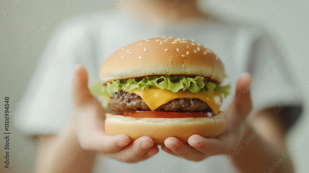 A close-up of a delicious cheeseburger held in hands, ready to be enjoyed. A close-up of a delicious cheeseburger held in hands, ready to be enjoyed.