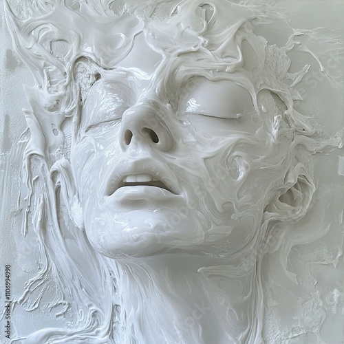 Serene White Sculpture: Abstract Face in Cream Relief