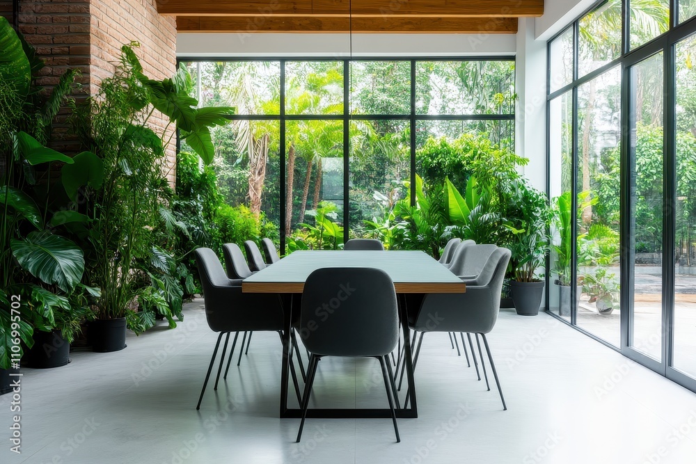 Stylish dining room featuring lush indoor greenery and a vibrant garden atmosphere for a refreshing dining experience. Stylish dining room featuring lush indoor greenery and a vibrant garden atmosphere for a refreshing dining experience.