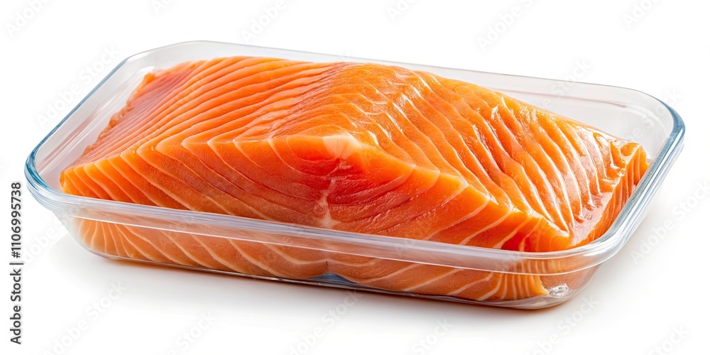 Fresh Salmon Fillet Slices in Plastic Box - High-Resolution Panoramic Image with Clipping Path Fresh Salmon Fillet Slices in Plastic Box - High-Resolution Panoramic Image with Clipping Path