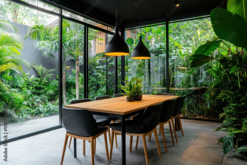 Fototapeta premium Stylish dining room featuring lush indoor greenery and a vibrant garden atmosphere for a refreshing dining experience.