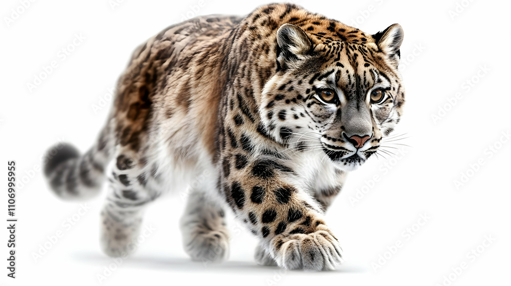 Obraz premium Majestic Snow Leopard Walks Gracefully, Wild Cat in Winter Wonderland, Stunning Fur, Big Cat