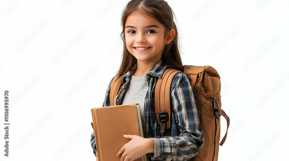 Girl Smiling, Book in Hand, Backpack on, Ready for Adventure! Girl Smiling, Book in Hand, Backpack on, Ready for Adventure!