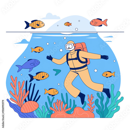 Ocean biodiversity illustration featuring vibrant marine life—fish, coral, and endangered species—highlighting conservation and habitat protection. Flat vector style for climate awareness photo