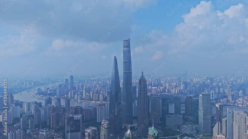 4K real time Aerial View of Shanghai skyline in the morning 4K real time Aerial View of Shanghai skyline in the morning