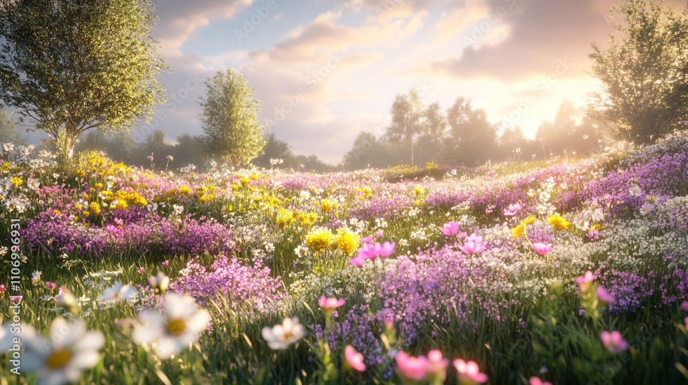Flower field at sunrise showcasing vibrant blooms and a serene atmosphere Flower field at sunrise showcasing vibrant blooms and a serene atmosphere
