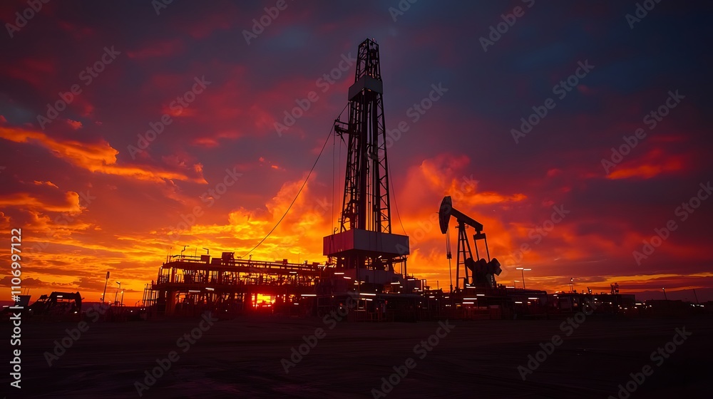 Fototapeta premium Majestic Sunset Over a Gasoline Extraction Scene Featuring Massive Drills Silhouetted Against a Vibrant Sky with Dramatic Cloud Patterns
