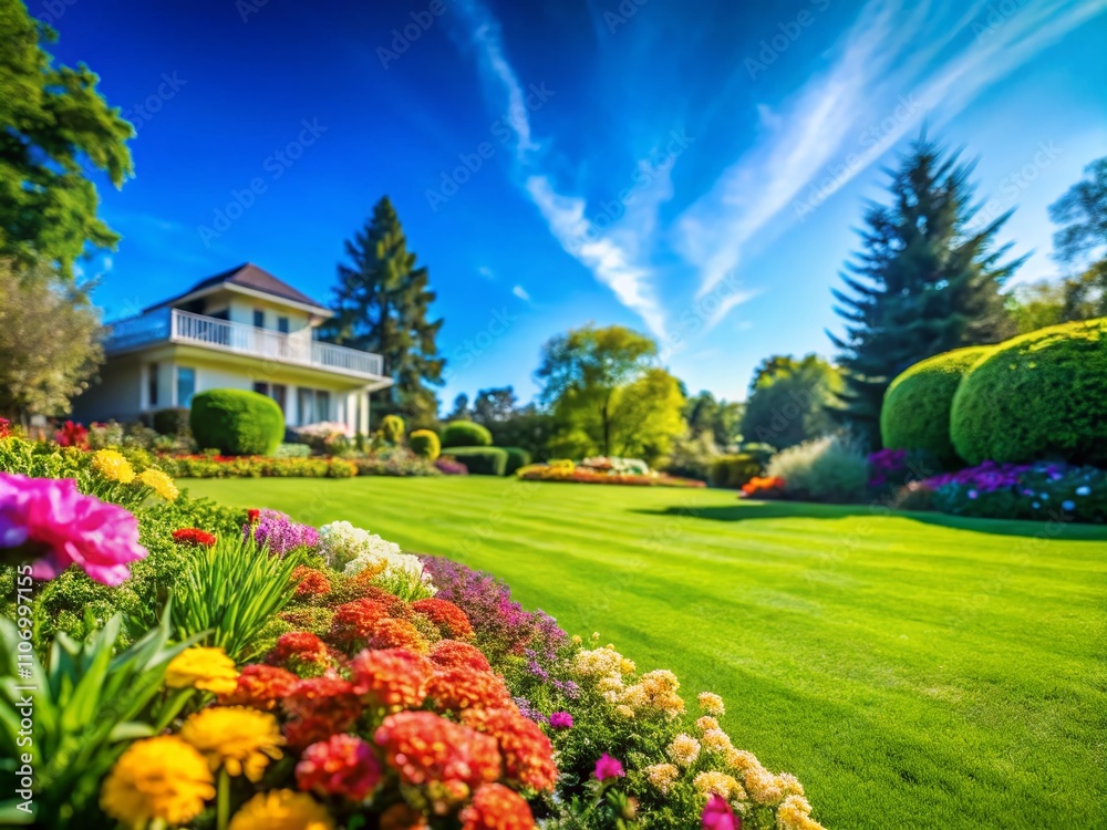 Obraz premium Lush Green Manicured Lawn Under Clear Blue Sky with Vibrant Flowers and Well-Defined Edges Showcasing the Beauty of Nature in a Serene Outdoor Environment