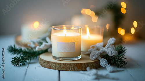 a candle that is on a table with a white square on it