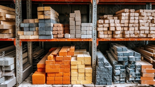 Stacked Bricks and Building Materials on a Shelf