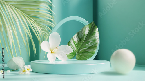 Soft pastel arrangement with tropical leaves and a white flower on a serene backdrop