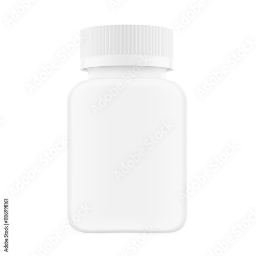 Plastic square bottle mockup with round child resistant cap and label for treats, vitamins, supplements isolated on white background. Vector illustration.Mockup is ideal for health projects. EPS10.