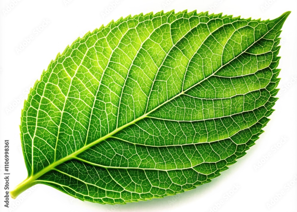 Obraz premium Isolated Green Leaf, White Background Stock Photo, High-Resolution Leaf Image, Nature Photography, Botanical Closeup, Single Leaf, Plant Photography, Fresh Leaf