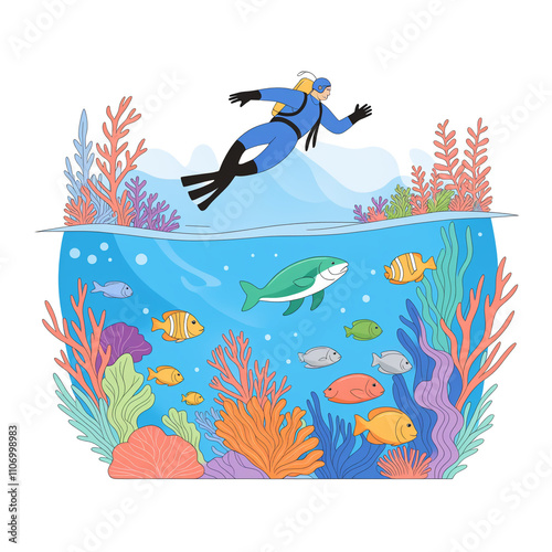 Ocean biodiversity illustration featuring vibrant marine life—fish, coral, and endangered species—highlighting conservation and habitat protection. Flat vector style for climate awareness photo