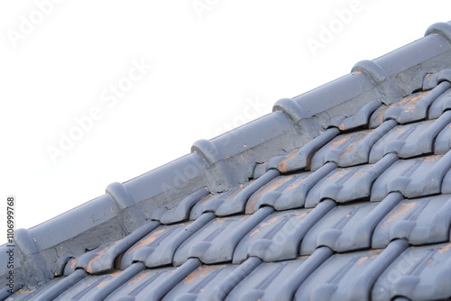 The blue triangular roof of the house in the afternoon