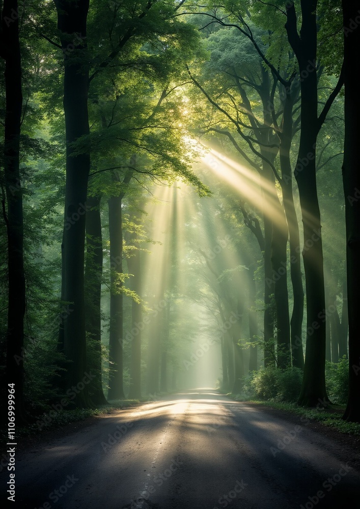 Obraz premium Beautiful Forest Scene with Light Beams and Rays in Enchanting Dutch Landscape Style