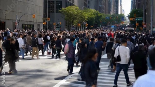 Unrecognizable blurry lot of people crowd crossing city street, busy crossroad, many pedestrians crossing crosswalk