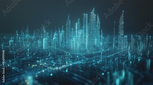 Futuristic city skyline, digital network design. Abstract representation of urban architecture, interconnected structure.