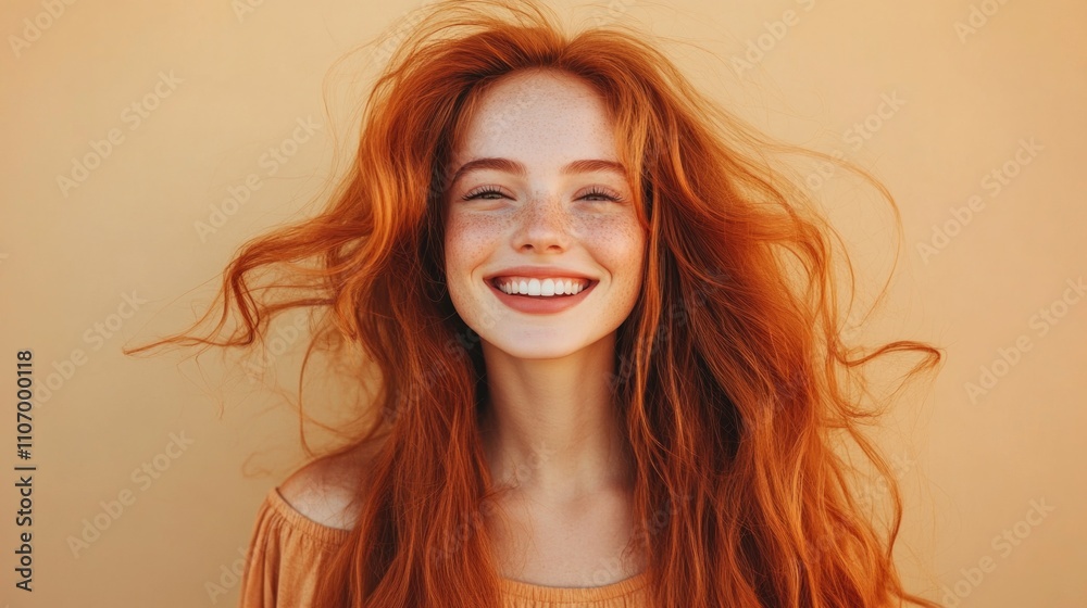 Portrait of beautiful cheerful redhead girl with flying curly hair smiling laughing looking at camera over beige background. Portrait of beautiful cheerful redhead girl with flying curly hair smiling laughing looking at camera over beige background.