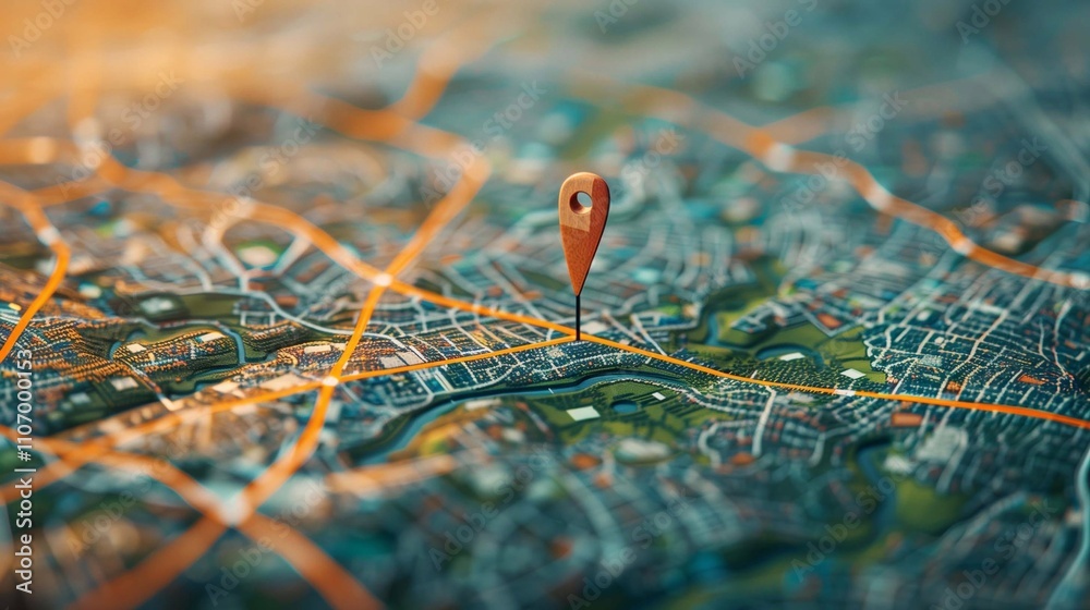 A map shows driving directions with highlighted routes and a location pin marking a specific area A map shows driving directions with highlighted routes and a location pin marking a specific area