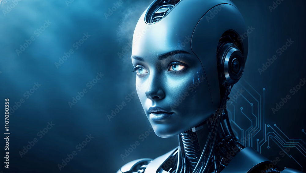 Robotic female face with advanced AI systems and futuristic cybernetic aesthetics. Generative AI