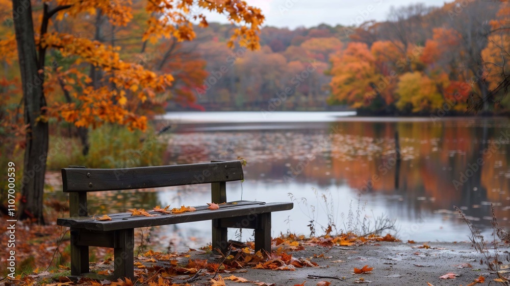 A wooden bench by a serene lake is surrounded by colorful autumn foliage reflecting on the water A wooden bench by a serene lake is surrounded by colorful autumn foliage reflecting on the water