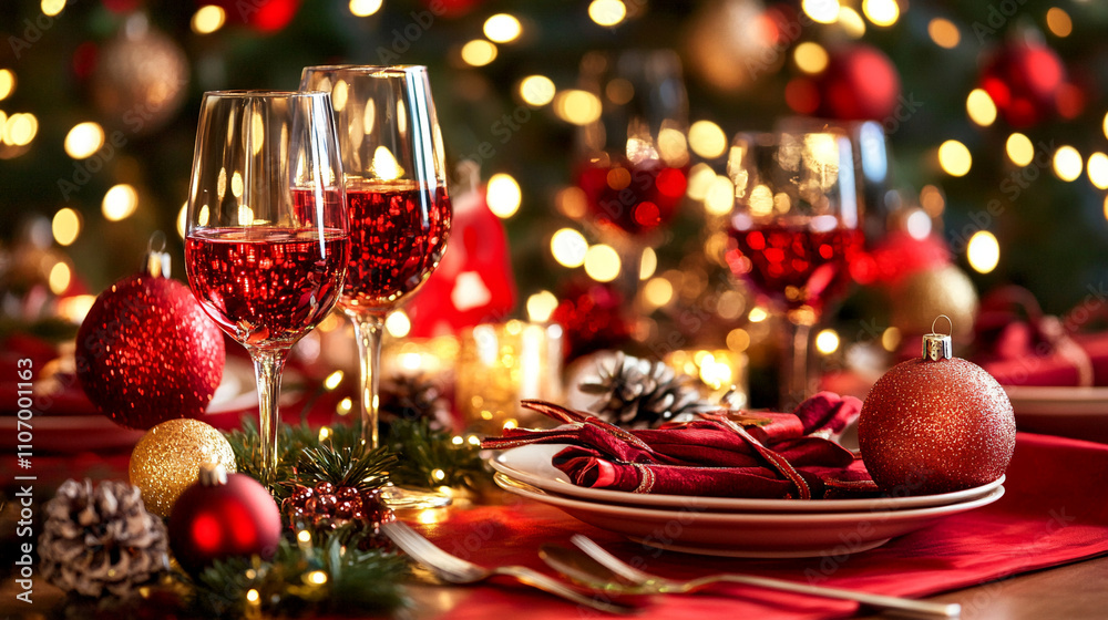 Photo of a Christmas table setting with wine glasses and plates, blurred background with lights and decorations Photo of a Christmas table setting with wine glasses and plates, blurred background with lights and decorations