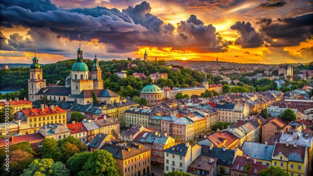 Fototapeta premium Lviv's Hidden Cultural Monuments: Resilient Beauty Amidst the Threat of Shelling, Showcasing Architectural Marvels and Historical Significance in a Stunning Landscape Setting