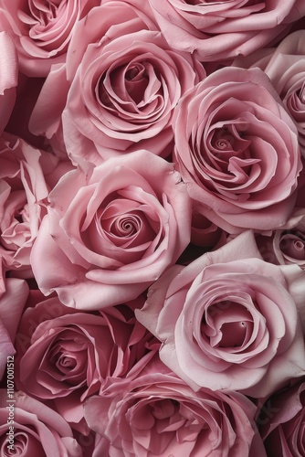 Close up of pink roses in a bouquet. The roses are arranged in a way that creates a sense of depth and texture. Scene is one of beauty and elegance