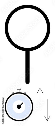 Magnifying glass above stopwatch with directional arrows representing time management, analysis, thoroughness, punctuality, efficiency, research, and scrutiny. Ideal for productivity, research