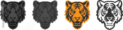 Set of tiger head logos in different colors, icons, prints, tiger patches.