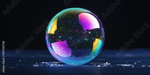 Colorful bubble floating on a dark surface. The bubble is surrounded by a rainbow of colors, creating a sense of wonder and magic. The image evokes a feeling of joy and playfulness