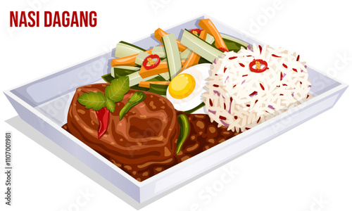 Nasi Dagang Served in Tray. Rice, Spicy Fish Curry, Hard Boiled Egg and Pickled Veggies. Authentic Malaysian Breakfast Cuisine Detailed Illustration