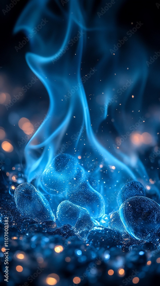 A mesmerizing display of glowing blue flames rising from dark, textured surfaces. A mesmerizing display of glowing blue flames rising from dark, textured surfaces.