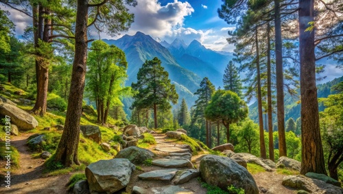 Majestic Trees and Rocky Trail in Indian Himalayas: Exploring the Scenic Beauty of Dharamsala Baksu Nature Trails, Lush Forests, and Serene Landscapes in the Heart of India photo