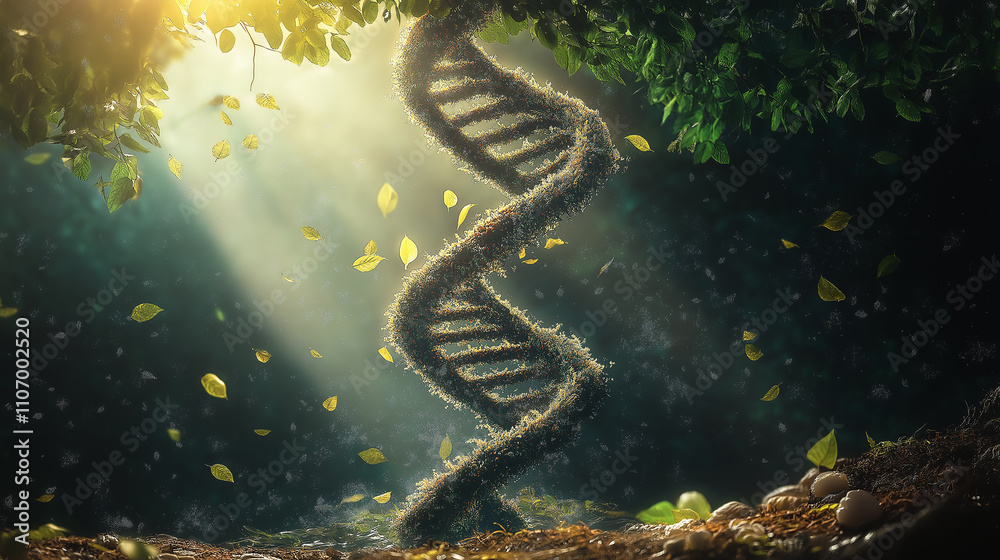 DNA as a tree with leaves growing on it, soft sunlight streaming through, artistic nature-science fusion DNA as a tree with leaves growing on it, soft sunlight streaming through, artistic nature-science fusion