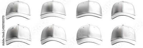 Eight White Baseball Caps Facing Forward