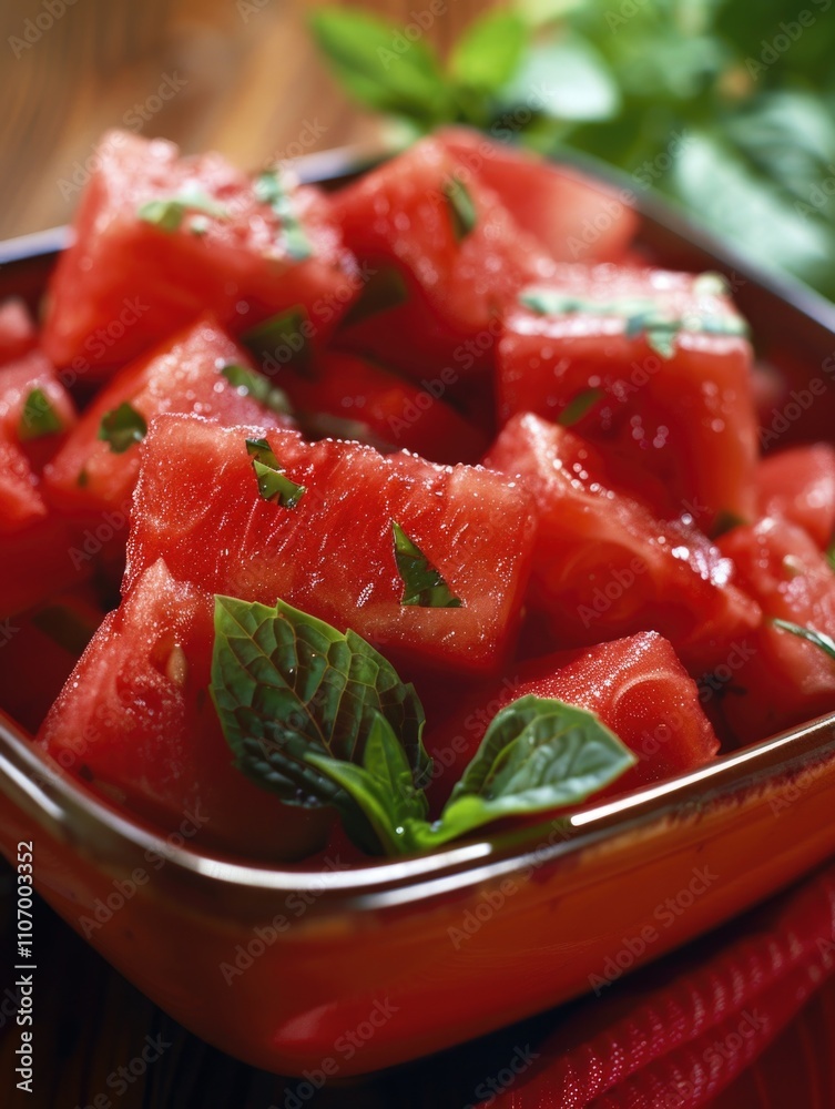 Bowl of watermelon with basil leaves on top. The bowl is red and the watermelon is cut into small pieces Bowl of watermelon with basil leaves on top. The bowl is red and the watermelon is cut into small pieces