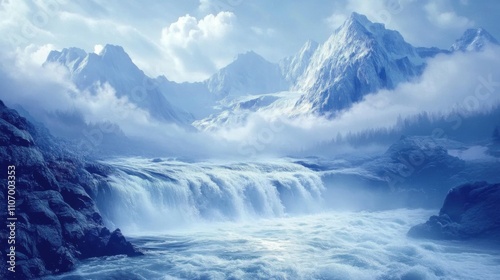 mountainous landscape with flowing river, misty and grand, cold blue tones, isolated natural beauty, realistic textures, serene and tranquil, peaceful and majestic scenery